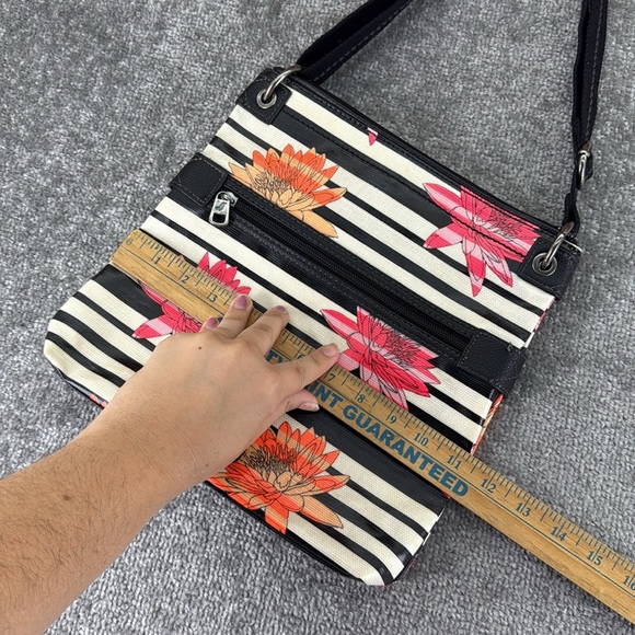 Sakroots Artist Crossbody Shoulder Satchel Bag Purse Striped Black White Floral - Picture 5 of 10